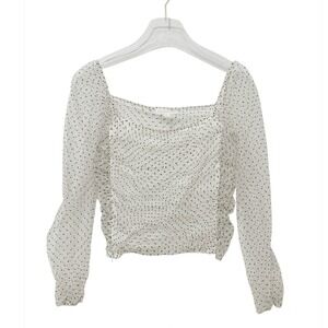 Cloud Ten - Size Medium - Polka Dot Ruched Mesh Square Neck Top Ivory Black